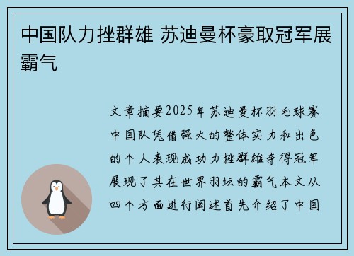 中国队力挫群雄 苏迪曼杯豪取冠军展霸气